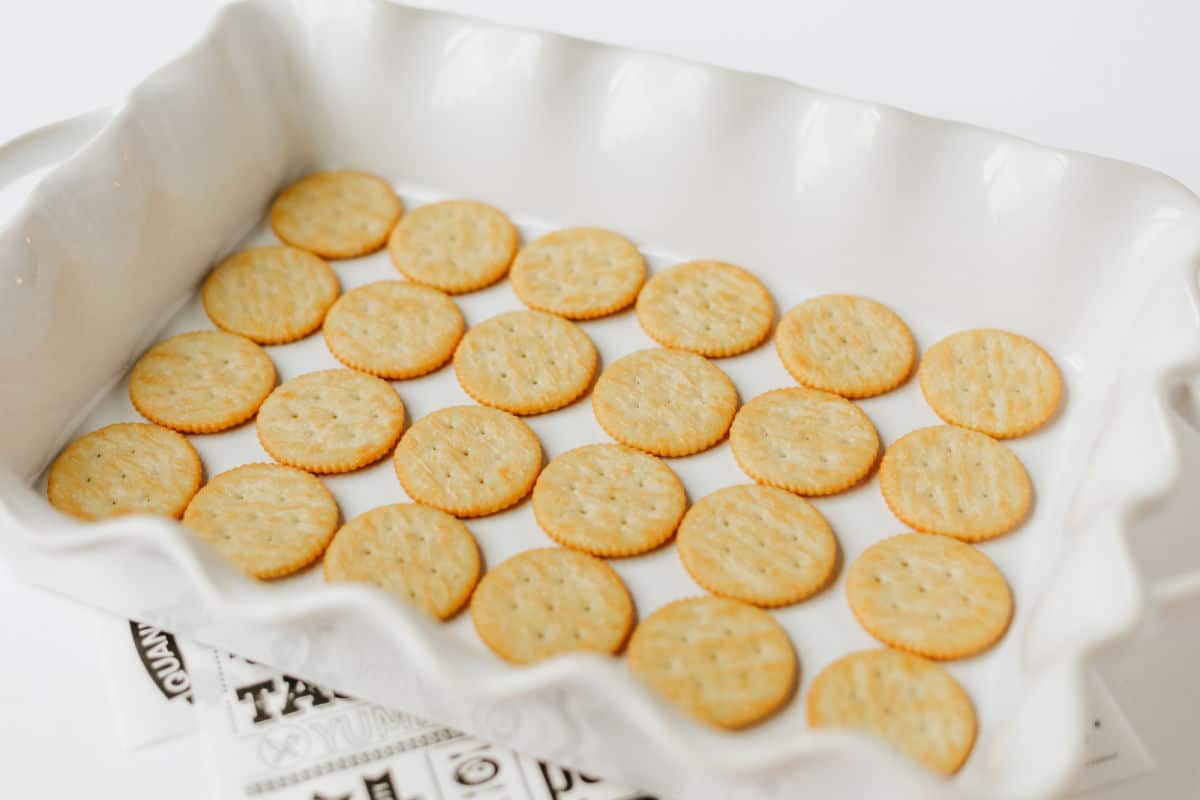 ritz crackers on baking sheet