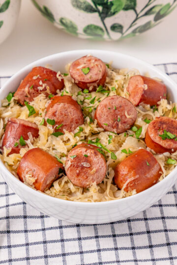 center view of kielbasa and sauerkraut