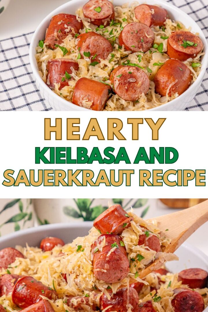 2 image collage with kielbasa and sauerkraut