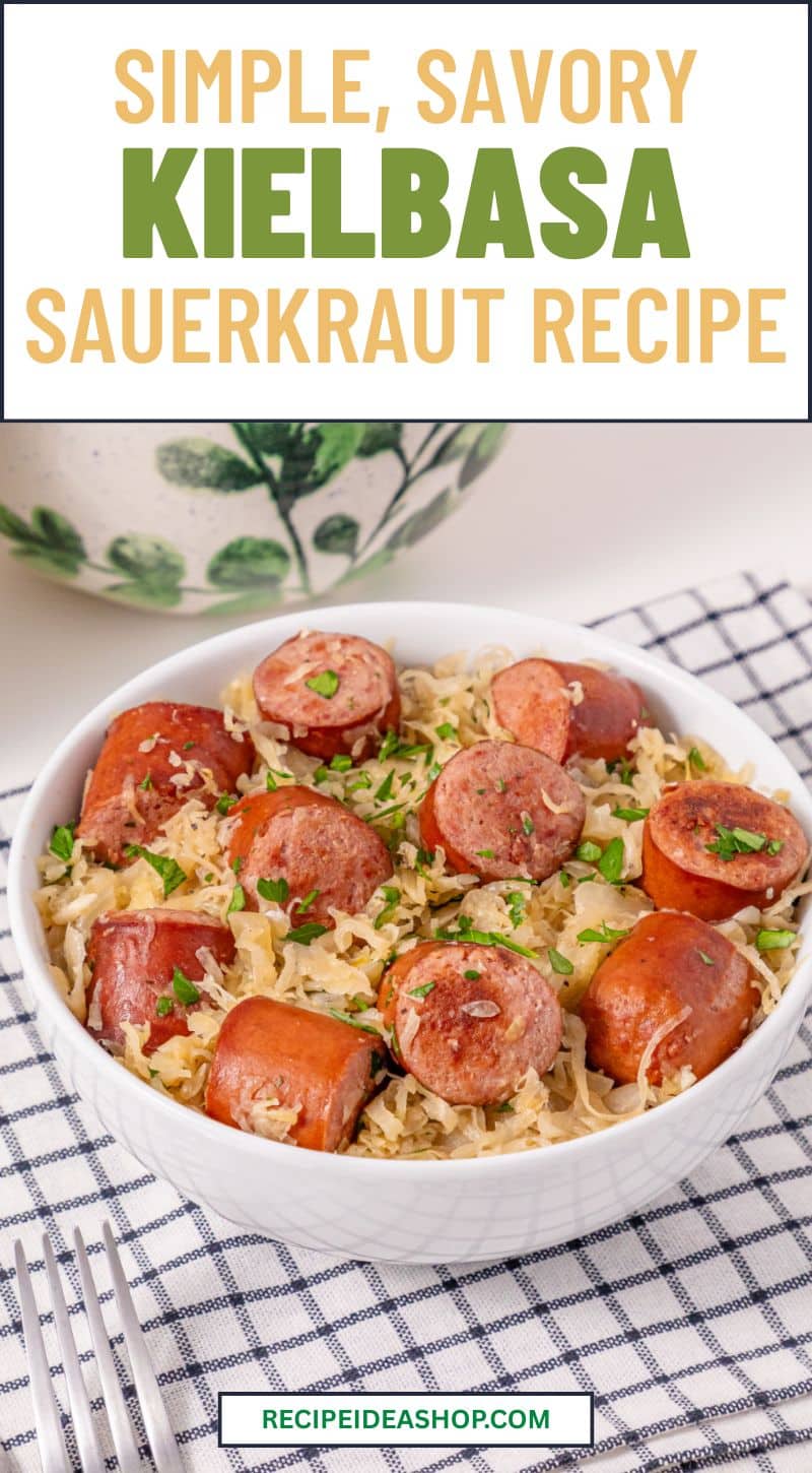full view of kielbasa and sauerkraut in white bowl