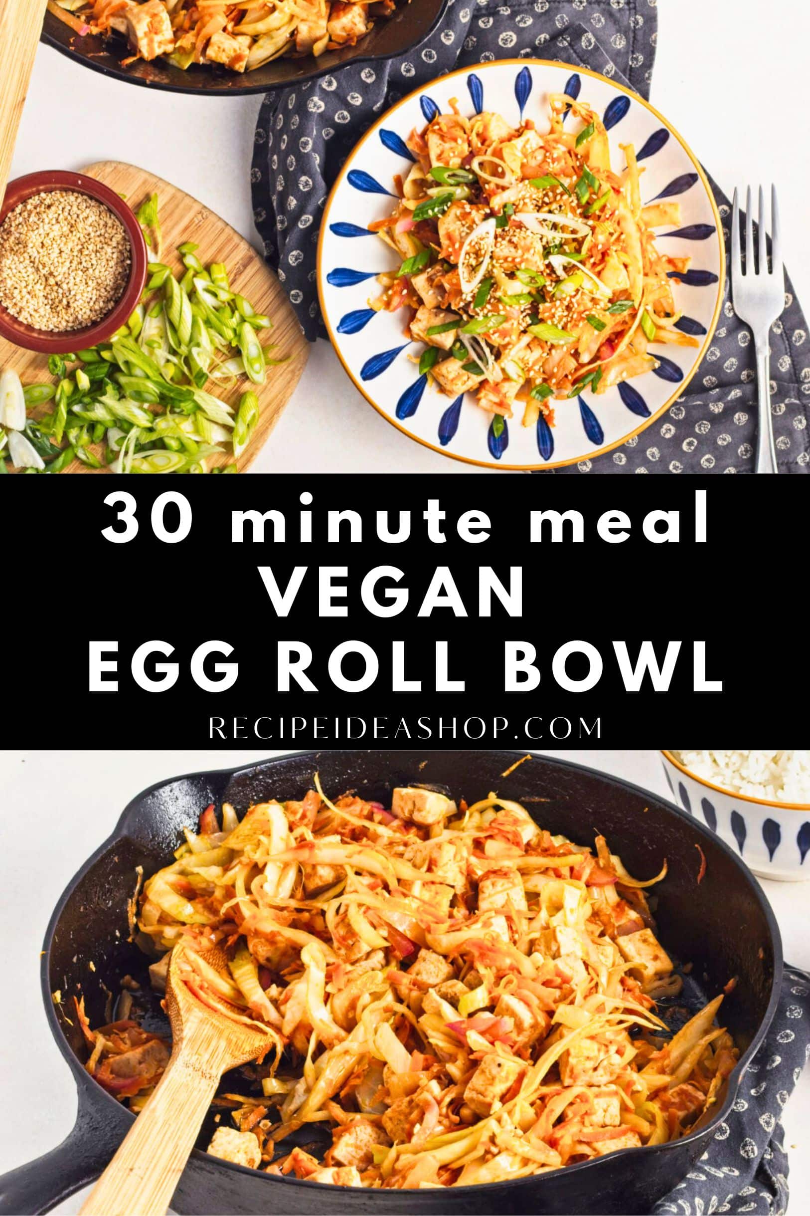 vegan egg roll bowl pin collage with text overlay