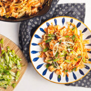 vegan egg roll bowl in blue and white dish