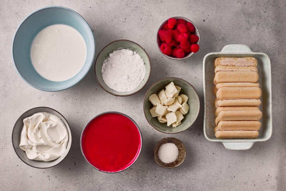 ingredients for white chocolate raspberry tiramisu