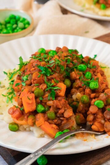 A plate of hearty lentil stew over mashed potatoes on a white plate