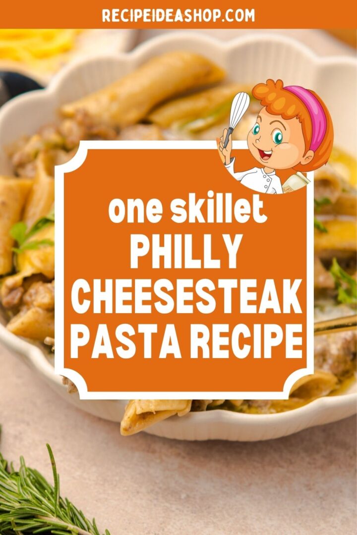 vertical image with philly cheesesteak pasta