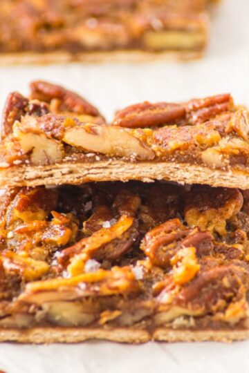 center top view of pecan pie bark sliced