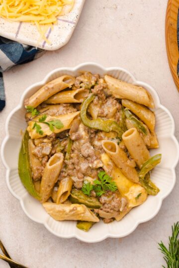 Philly Cheesesteak Pasta in one dish