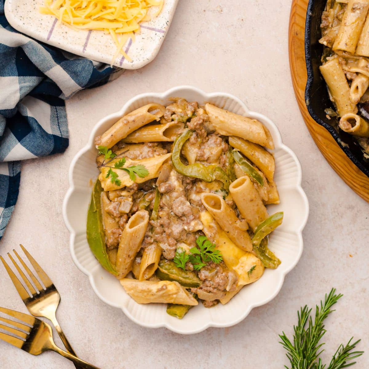 one skillet Philly Cheesesteak Pasta shown in white bowl