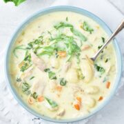 A bowl of creamy chicken gnocchi soup with spinach, carrots, and herbs, served in a blue bowl with a spoon, rests on a white napkin.