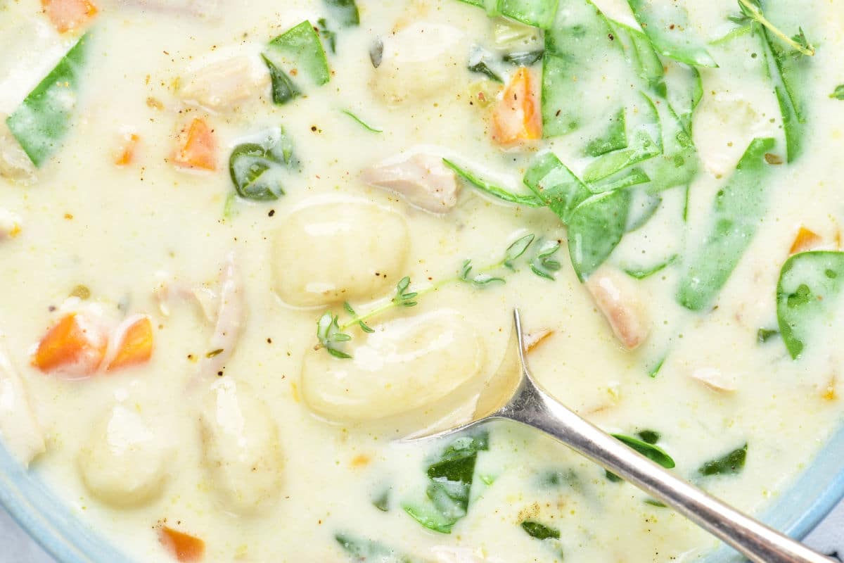 A close-up of creamy chicken gnocchi soup featuring tender chicken, pillowy gnocchi, spinach, carrots, and herbs, with a spoon partially submerged in the savory soup.
