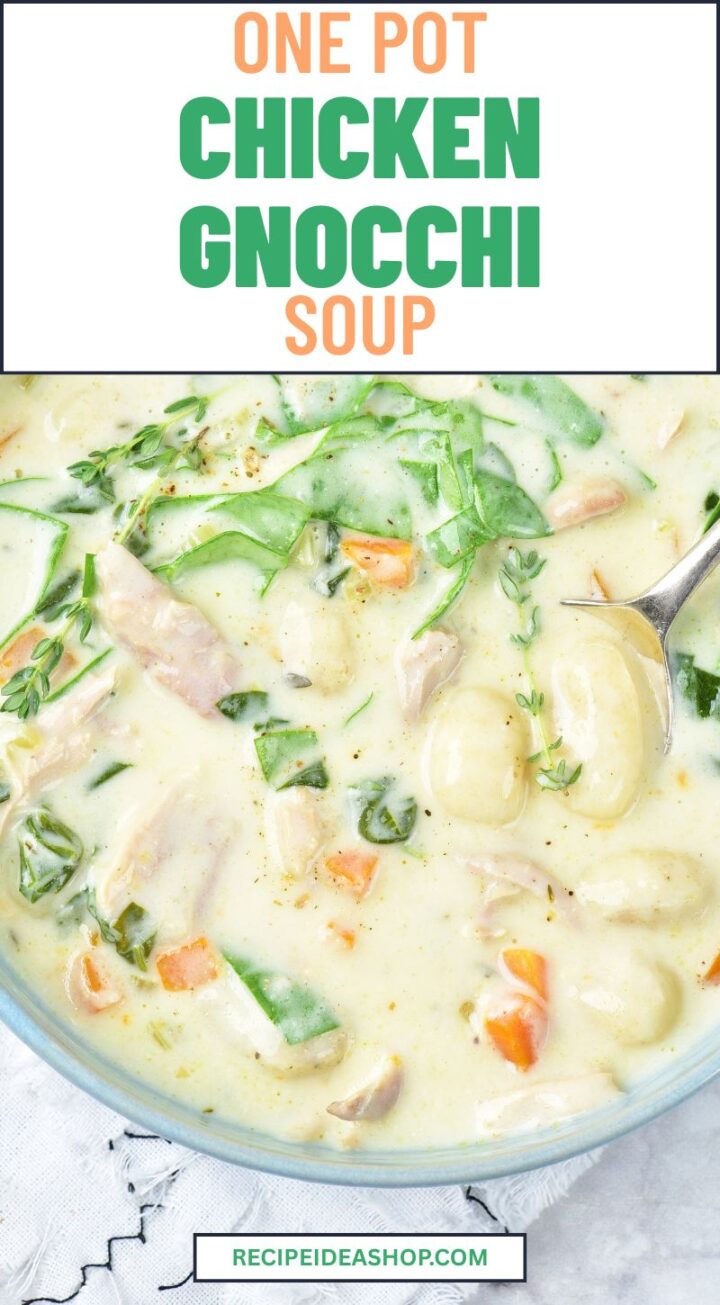Close-up of creamy chicken gnocchi soup with carrots, spinach, and herbs in a bowl. A spoon is dipping into the comforting chicken gnocchi soup. Text above reads: One Pot Chicken Gnocchi Soup.