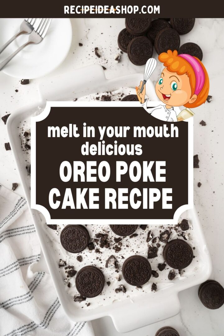 A baking dish filled with Oreo cookies and crumbs sits on a white surface next to a striped towel, a plate with cookies, and a cartoon chef, showcasing the irresistible Oreo poke cake recipe that truly melts in your mouth.
