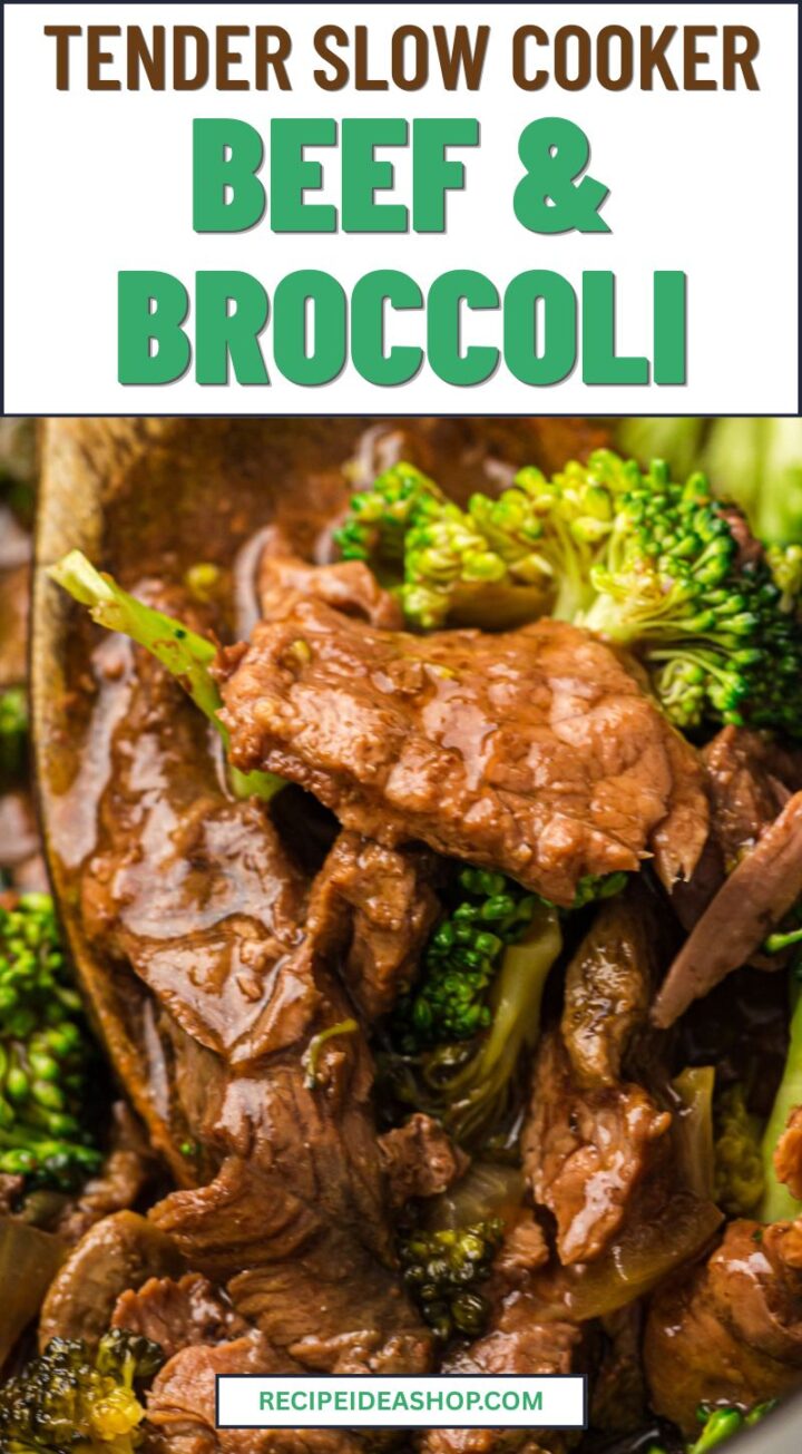 Close-up of tender beef and broccoli slow cooker dish, with juicy beef slices and broccoli florets in a savory sauce. The image includes text reading Tender Slow Cooker Beef & Broccoli at the top.