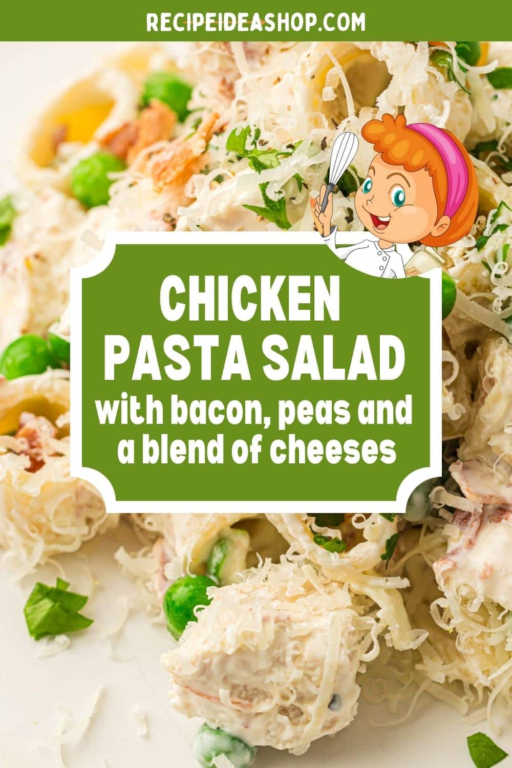 Close-up of creamy chicken pasta with bacon and peas, tossed with shredded cheese and herbs. A cartoon chef holds a whisk above a sign displaying the dish’s name and ingredients. The website name appears at the top.