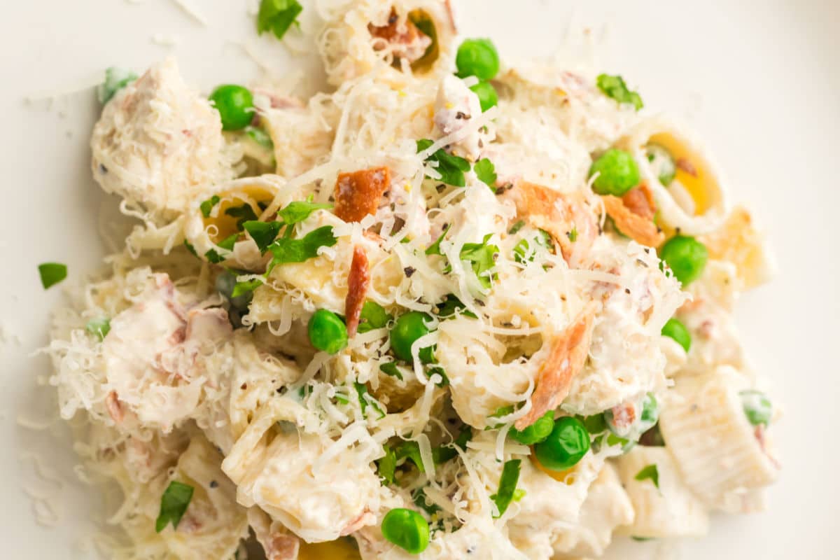 Close-up of a creamy chicken pasta with bacon and peas, topped with shredded cheese, chopped herbs, diced ham, and small pasta pieces on a white plate.