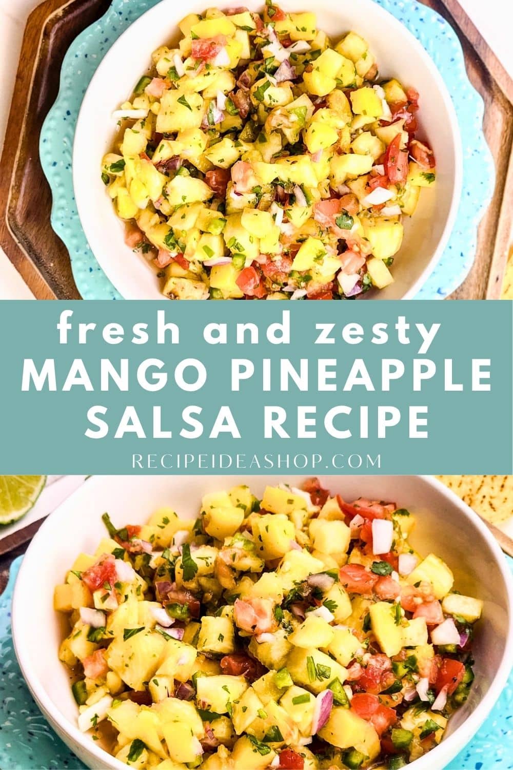Two white bowls filled with vibrant Mango Pineapple Salsa sit on a blue tray. The salsa, packed with diced mango, pineapple, red onion, cilantro, and tomato, looks fresh and zesty. Text overlay reads: Mango Pineapple Salsa recipe.