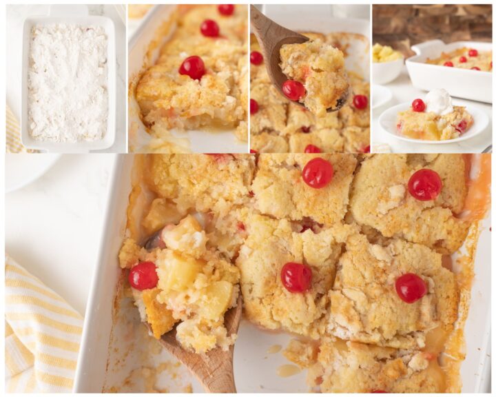 A collage shows a pineapple dump cake in various stages: dry ingredients in a pan, baked cake topped with cherries, scooped servings, and a portion served with ice cream. The cake is golden and crumbly.