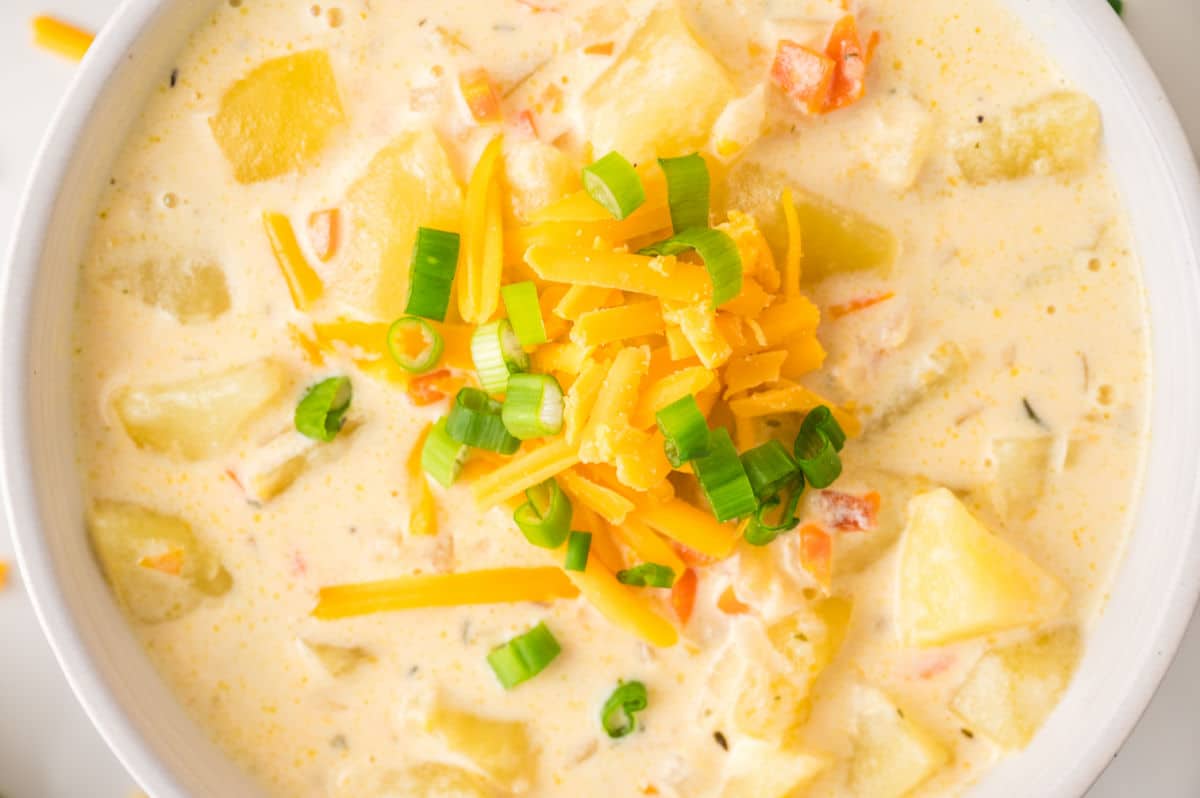 A close-up of hearty potato soup topped with shredded cheddar cheese and chopped green onions, featuring visible chunks of potatoes and bits of carrot in a creamy white bowl.