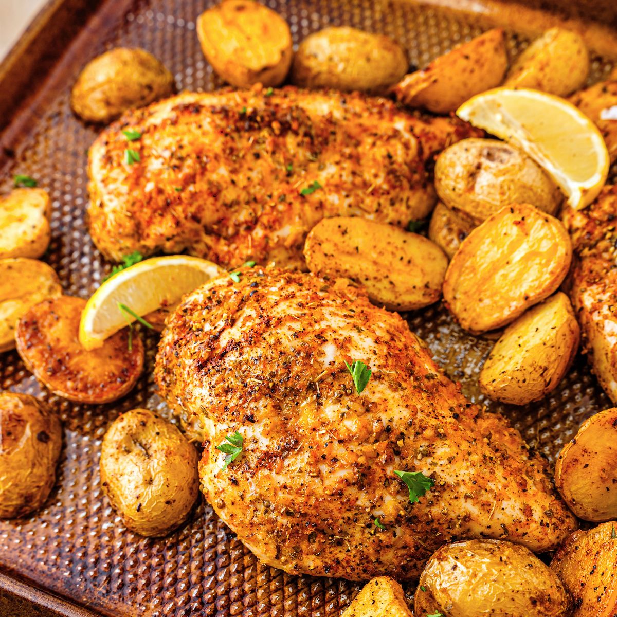 Seasoned baked chicken breasts and roasted baby potatoes on a textured baking sheet, garnished with lemon wedges and sprinkled herbs.
