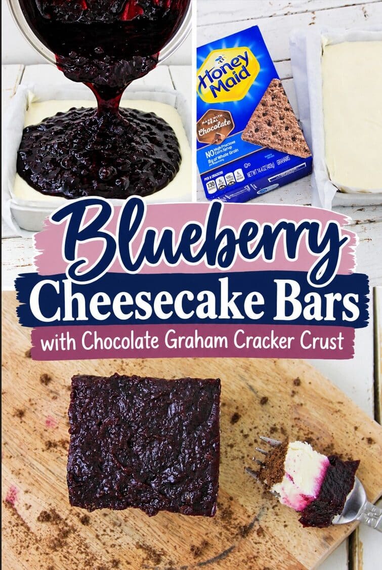 Blueberry cheesecake bars with a chocolate graham cracker crust. Close-ups feature the bars, Honey Maid crackers, creamy cheesecake layer, blueberry topping poured, and a fork with a bite. Text: Blueberry Cheesecake Bars.