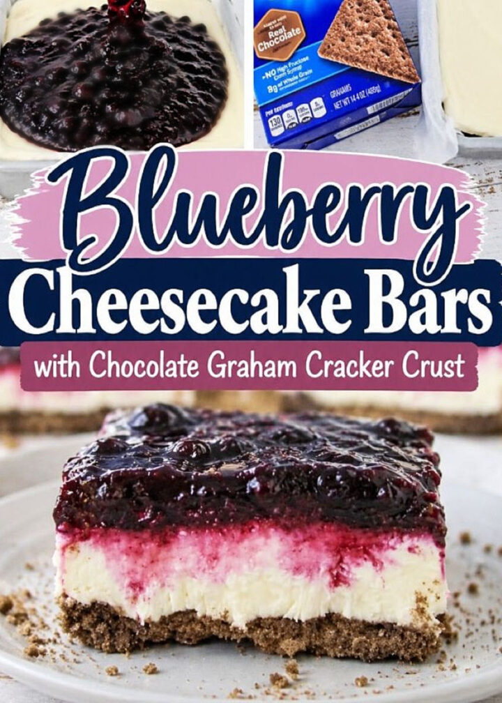 A square blueberry cheesecake bar with layers of chocolate graham cracker crust, creamy cheesecake, and blueberry topping on a white plate. Text reads: Irresistible Blueberry Cheesecake Bars with Chocolate Graham Cracker Crust.