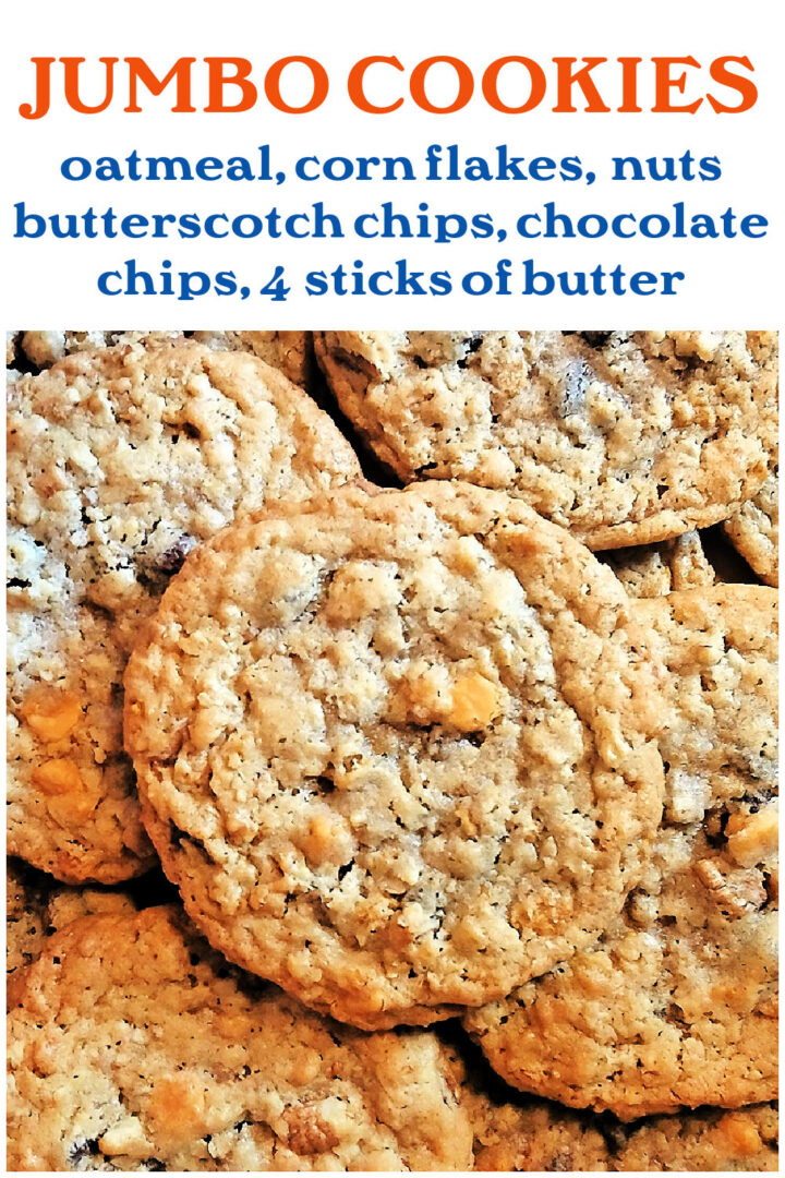 These Bakery Style Kitchen Sink Cookies are big cookies loaded with chocolate chips, butterscotch chips, pecans, oats, and crushed cornflakes. An ice cream scoop makes the cookies bakery-size.  Even though they're big, and I do mean big, it's hard to eat just one. In fact, while I was making the cookies at lunchtime today, my hubby had 3 along with a tuna sandwich and chips! The melted butter keeps the dough fairly easy to stir, even with all those extras mixed in. And there's no need to chill the dough before scooping it onto the cookie sheet for baking.