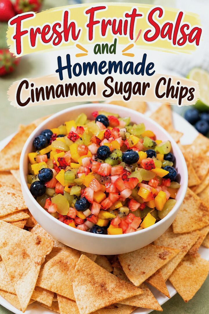 A bowl of fresh fruit salsa with blueberries, strawberries, and mango, surrounded by homemade cinnamon sugar tortilla chips, with the text Fresh Fruit Salsa and Homemade Cinnamon Sugar Chips overlaid at the top.