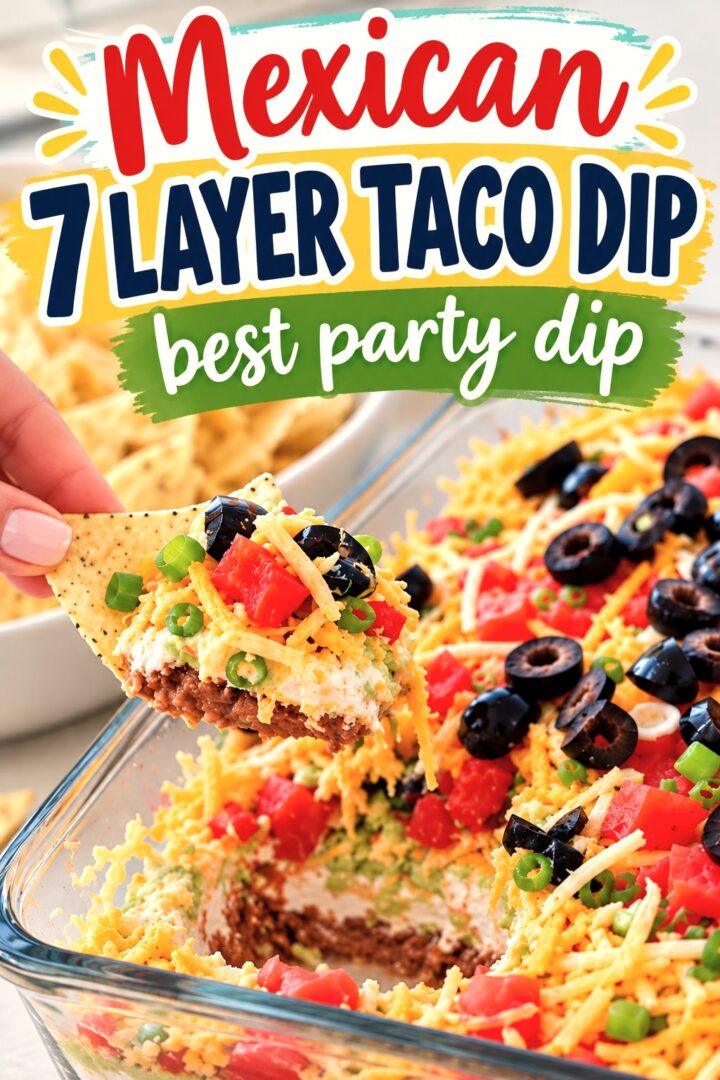 A hand holds a tortilla chip scooped into a Mexican 7 Layer Taco Dip topped with shredded cheese, tomatoes, olives, and green onions.