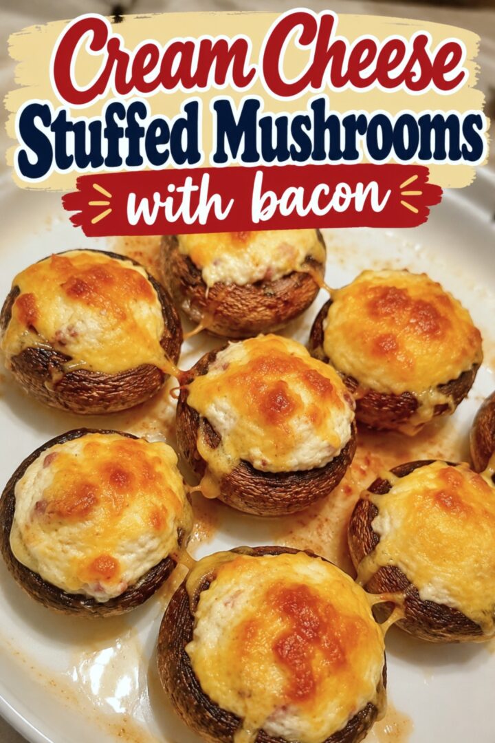 Cream cheese stuffed mushrooms topped with bacon, with the text Cream Cheese Stuffed Mushrooms with bacon overlaid at the top.