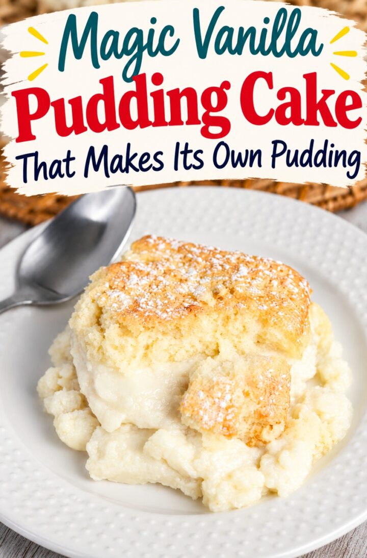 A serving of Magic Vanilla Pudding Cake that makes its own pudding, dusted with powdered sugar on a white plate next to a spoon.