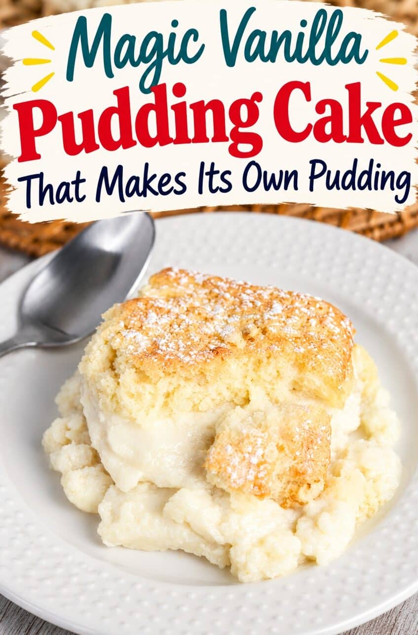 A serving of Magic Vanilla Pudding Cake that makes its own pudding, dusted with powdered sugar on a white plate next to a spoon.
